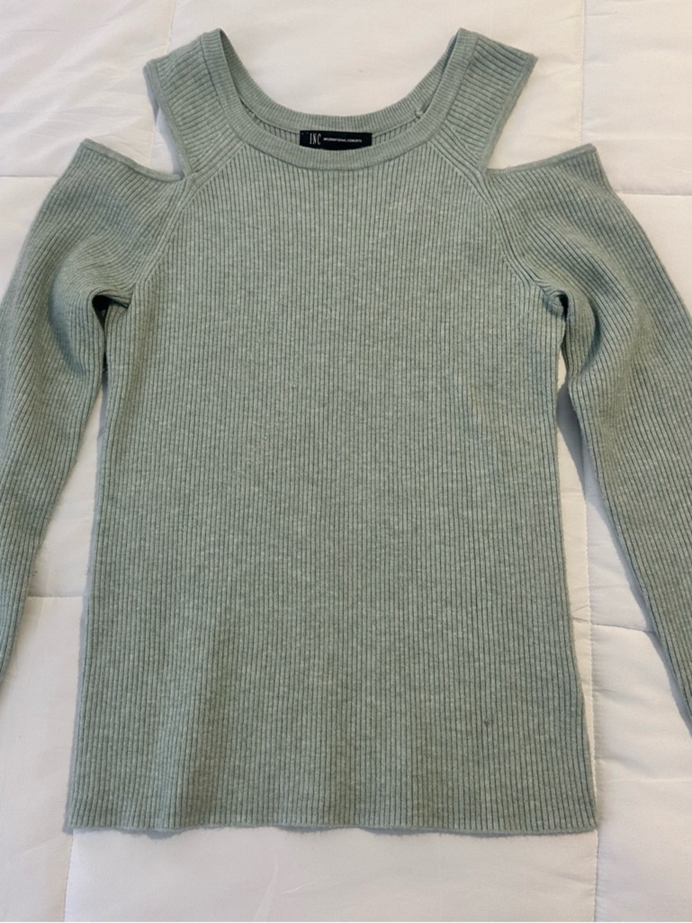 INC International Concepts Sage Green Cold-Shoulder Ribbed Sweater